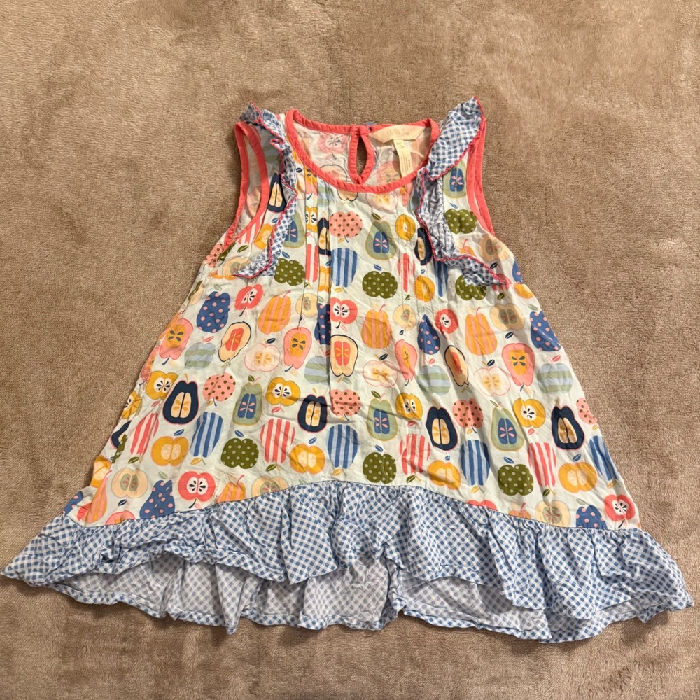 Matilda Jane Quiz Me Tunic Girls Size 6 Fruit Print Gingham Ruffle Sleeveless